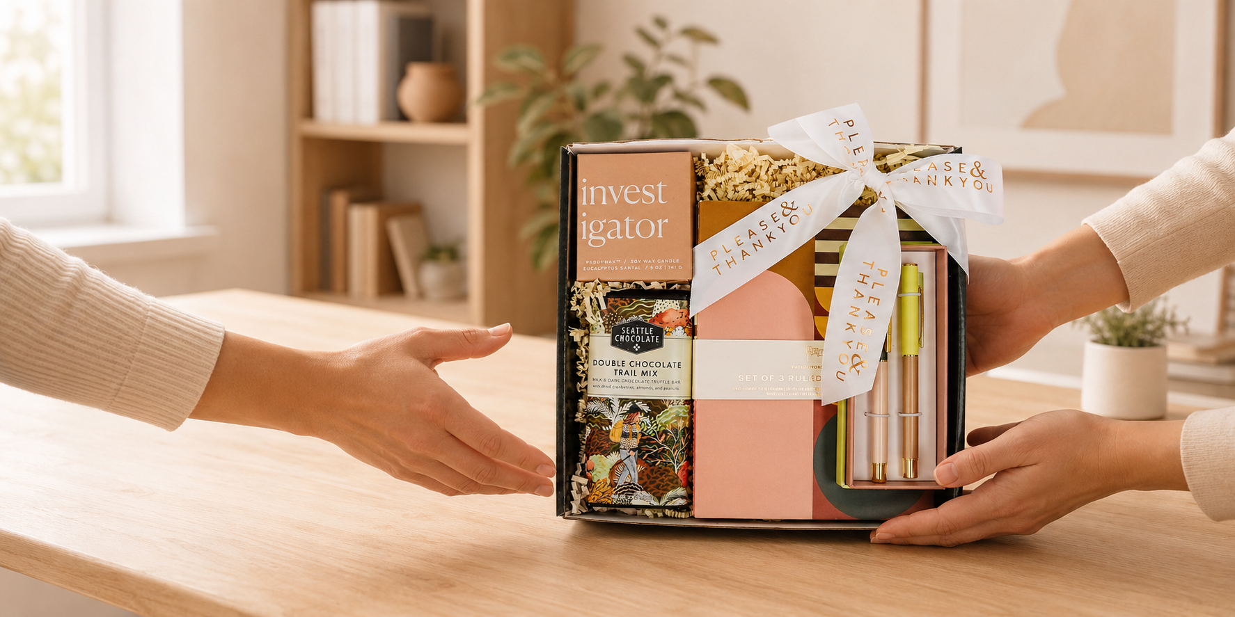 A gift box labeled 'invest igat' sits on a wooden table, with two people's hands reaching toward it in a bright, modern room. The box contains a pink notebook, a pastel pencil set, and decorative paper.