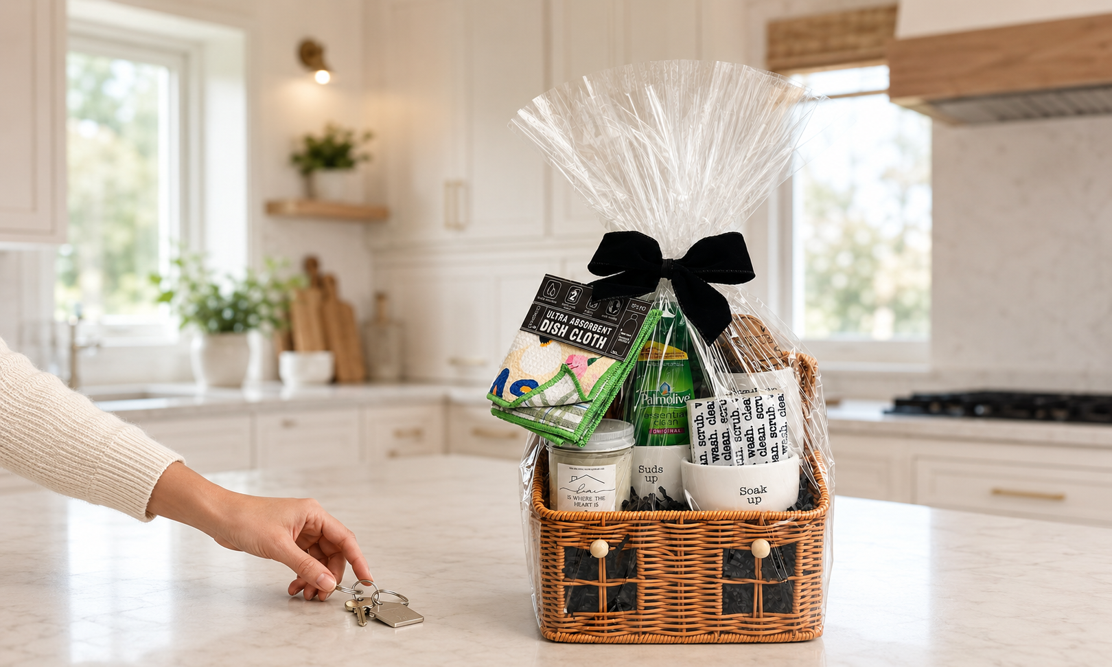 A wicker gift basket filled with kitchen items, wrapped in clear cellophane and tied with a black ribbon, sitting on a light marble countertop in a bright kitchen. A person's hand is reaching toward keys on the counter.